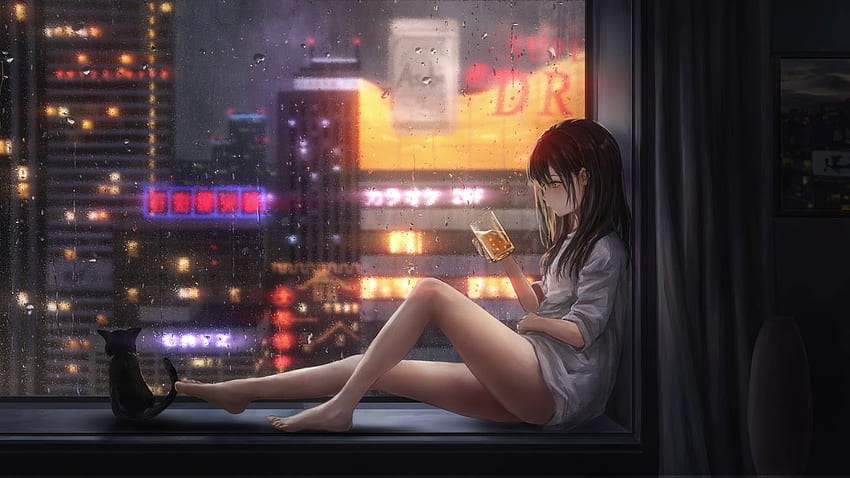 Rainy calm anime character with cat chilling in dark