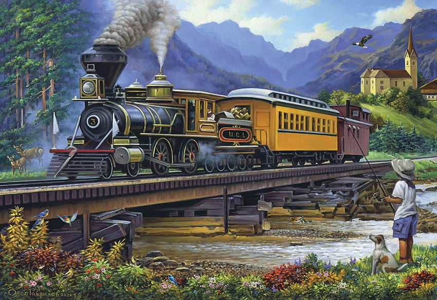Old Steam Train, locomotive, mountains, river, artwork, painting, bridge HD wallpaper