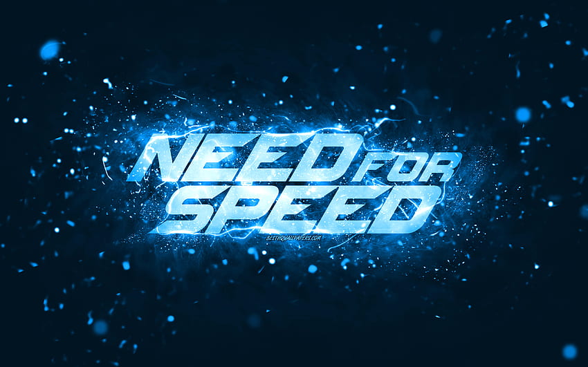 Logo Need for Speed ​​biru,, NFS, lampu neon biru, kreatif, latar belakang abstrak biru, logo Need for Speed, logo NFS, Need for Speed Wallpaper HD