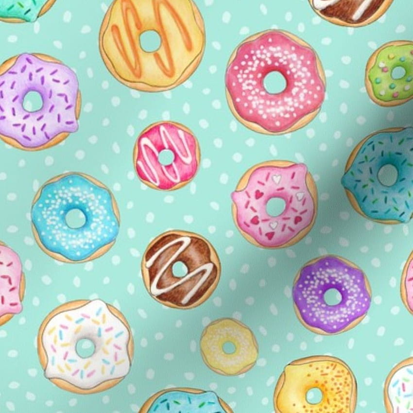 Colorful fabrics digitally printed by Spoonflower - Scattered Rainbow Donuts on mint spotty in 2021. Rainbow donut, Prints, Colorful donuts, Donut Pattern HD phone wallpaper