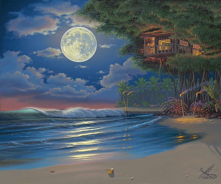 Nuit de pleine lune, mer, art, maison, nuages, ciel, plage Fond d'écran HD