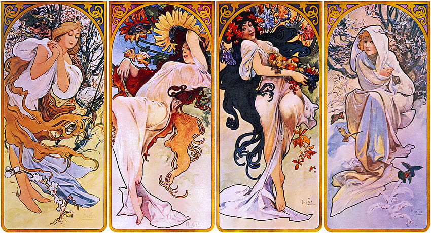 четири сезона от Алфонс Муха около 1895 г. – Природни сезони, Алфонс Муха Изкуство HD тапет