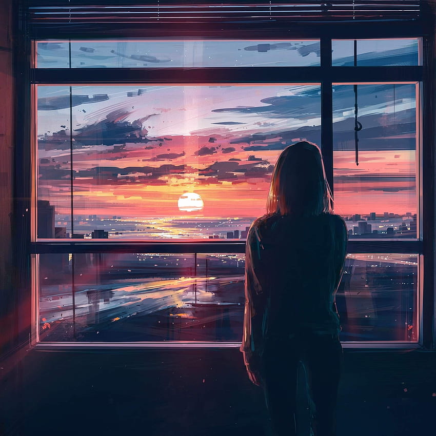 Blick auf den Sonnenuntergang am Fenster, Frau, Kunst HD-Handy-Hintergrundbild