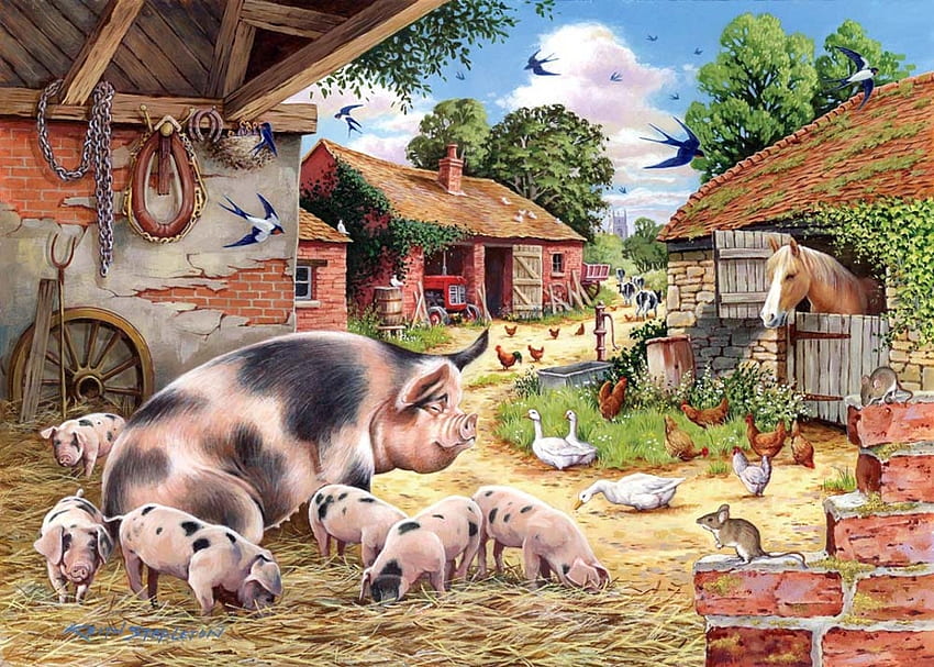 Poppy's Piglets, opera d'arte, cavallo, stalla, pollame, pittura, maiale, campagna Sfondo HD