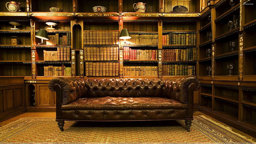 Schönes braunes Sofa im Arbeitszimmer. Hausbibliothek HD-Hintergrundbild