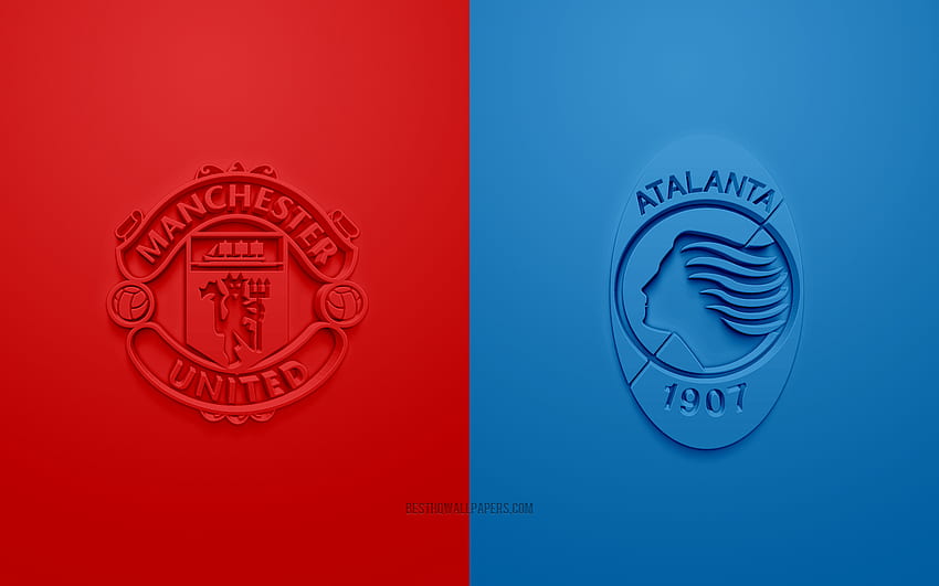 Manchester United vs Atalanta, 2021, Liga de Campeones de la UEFA, Grupo F, logotipos 3D, azul rojo, Liga de Campeones, partido de fútbol, ​​Liga de Campeones 2021, Manchester United FC, Atalanta fondo de pantalla