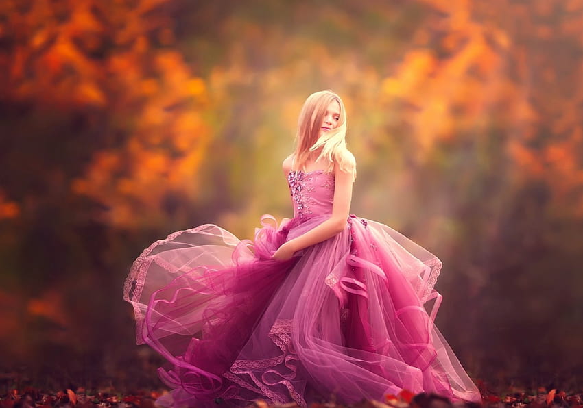 Момиче, оранжево, рокля, копил, розово, мег битън, есен, листо, дете HD тапет