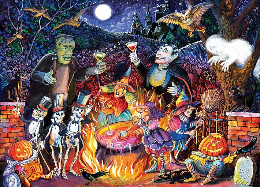 Monster Party Time, огън, призрак, Хелоуин, тикви, Дракула, прилепи HD тапет