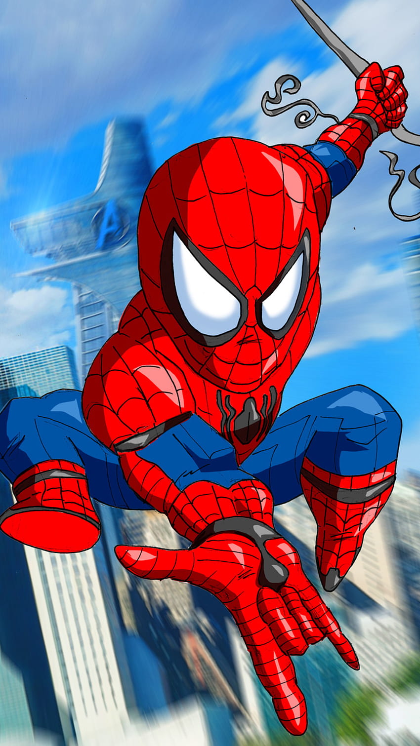 cartoon like spidy, red, electric blue, avenger tower, webs, spidr man HD phone wallpaper
