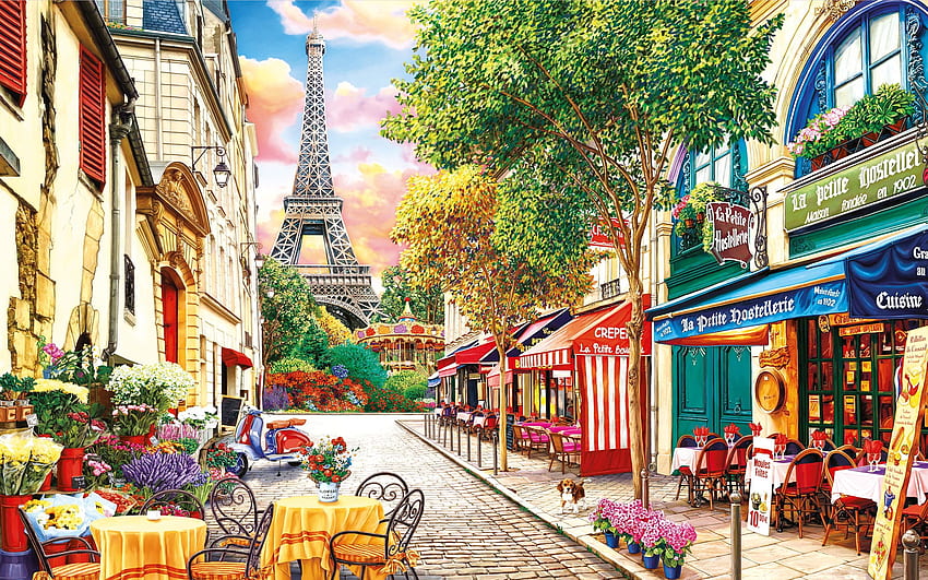 Mała uliczka w Paryżu, malarstwo, domy, krzesła, restauracja, wieża eiffla, kwiaty Tapeta HD