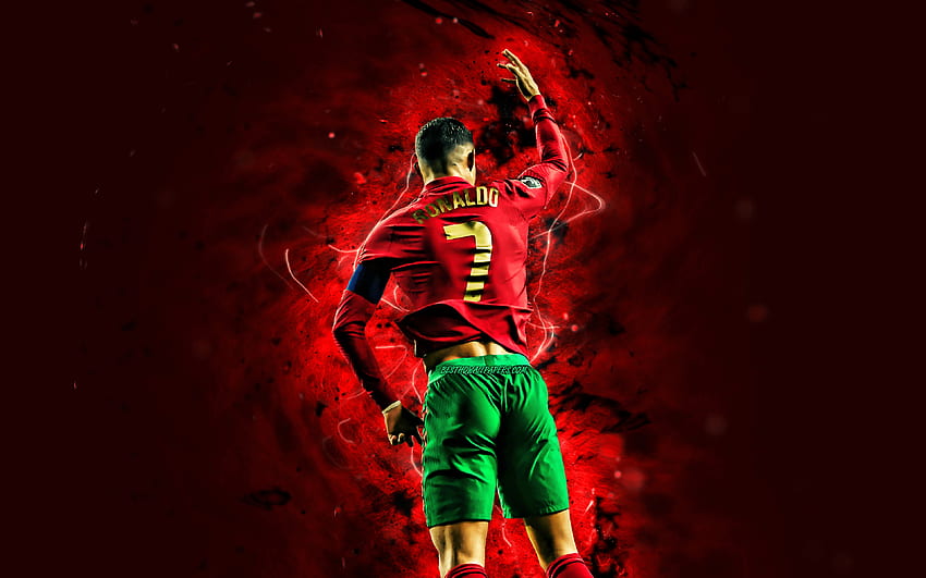 Cristiano Ronaldo, back view, Portugal National Team, football stars, red neon lights, footballers, soccer, Portuguese football team, CR7, Cristiano Ronaldo HD wallpaper