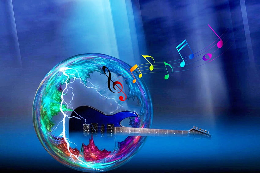 Guitar in a Bubble, Abstract, musical notes, music, blues, colors, guitar, bubble, pattern HD wallpaper
