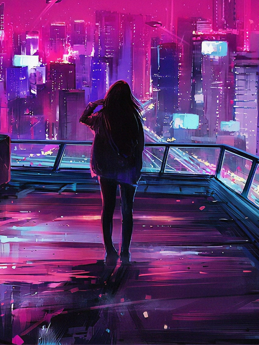 Neon City, Girl, Back View, Night, Lights for Apple iPad Mini, Apple ...