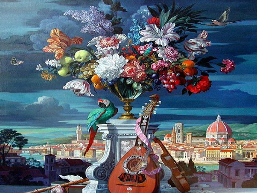 Florence, buildings, music, painting, city, sky, flowers, cityscape, instruments HD wallpaper
