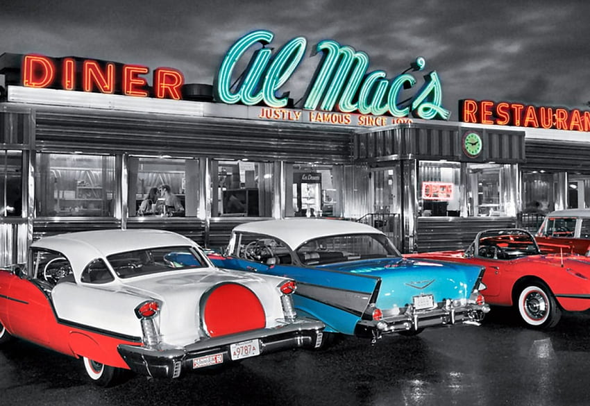 Dinner at Al Mac's Drive-in F1, architecture, drive in, art, cars, beautiful, cityscape, artwork, scenery, wide screen, autos, painting HD wallpaper
