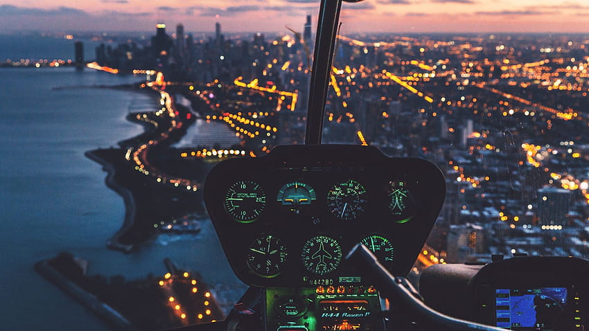 control panel, helicopter, pilot, night city, glare full , tv, f, background HD wallpaper