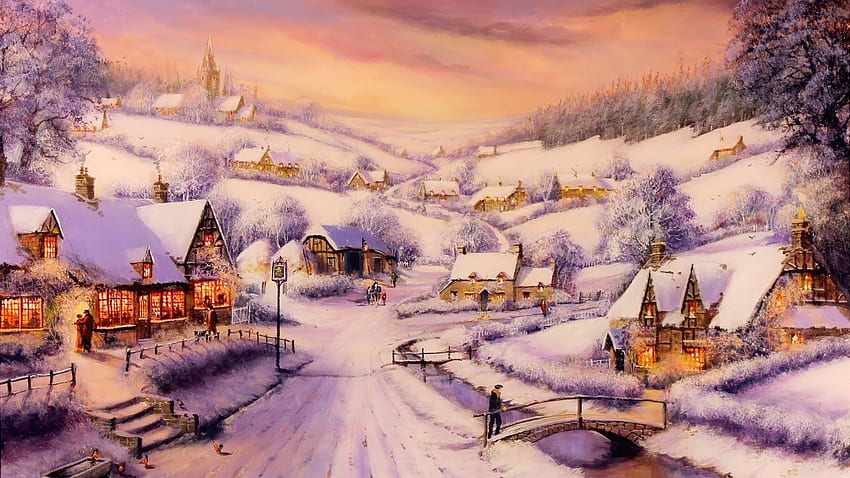Villaggio invernale, inverno, gelo, arte, percorso, freddo, bello, case, pittura, neve, vista, villaggio, ghiaccio, campagna Sfondo HD