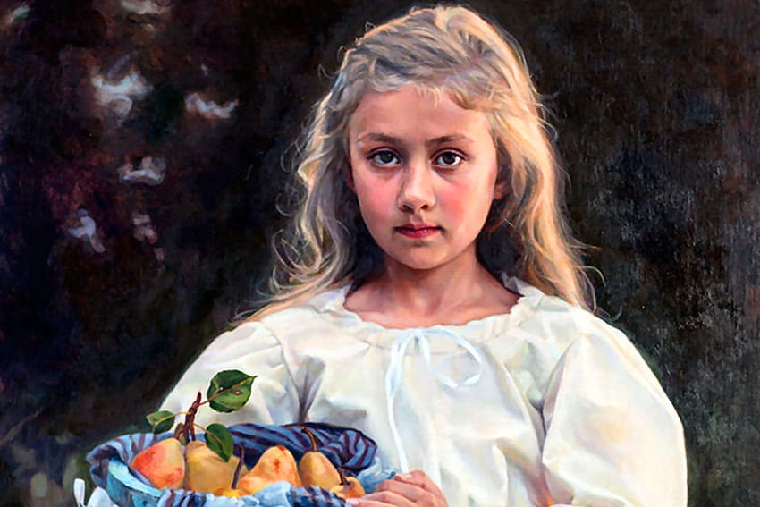 Picked Pears, little girl, art, beautiful, illustration, artwork, wide screen, Old Master, painting, portrait HD wallpaper