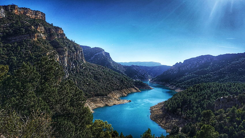 En route for Mont Rebei, Spain, river, hills, morning, landscape, trees, sky, sunrise HD wallpaper