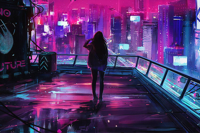 Woman in Cyberpunk City, Cyberpunk Neon City HD wallpaper