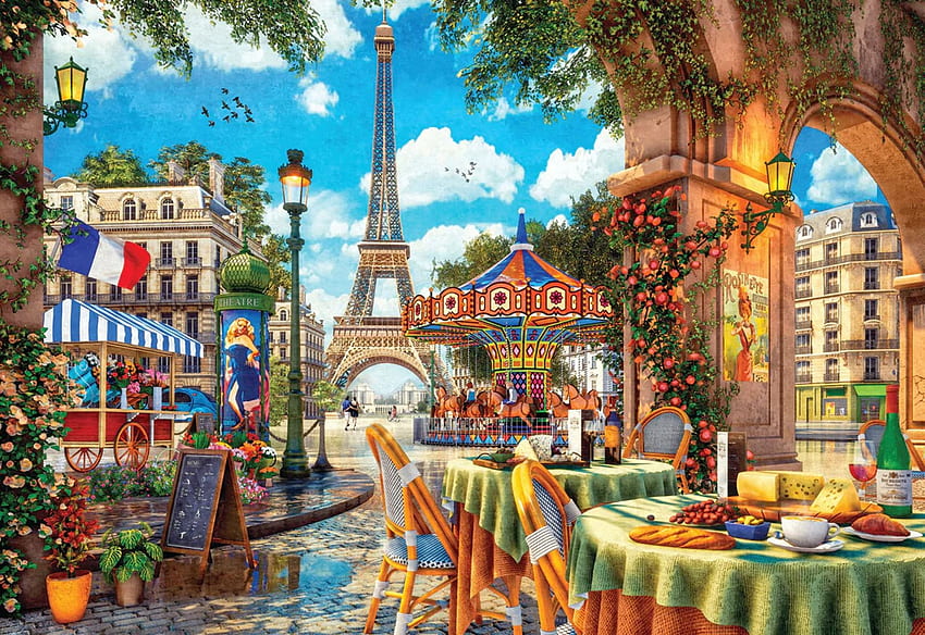 Paris day out, street, houses, people, carousel, table, chairs, artwork,  restaurant, digital, eiffel tower, flowers HD wallpaper | Pxfuel