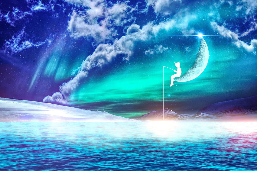 Fantasie, Kunst, Mond, Silhouette, Hopfen, Fischer HD-Hintergrundbild