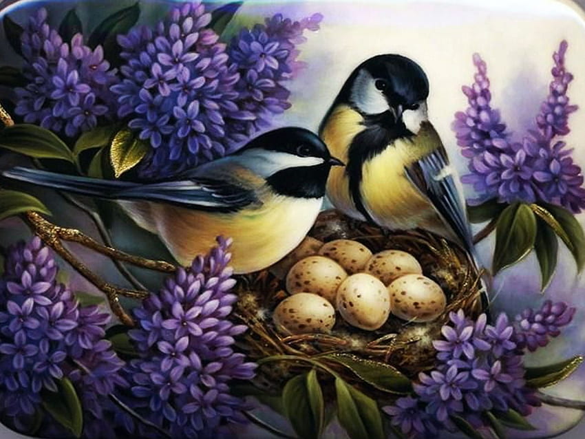 Happy Family, chickadees, birds, blossoms, lilacs, flowers, spring, eggs, nest, painting HD wallpaper