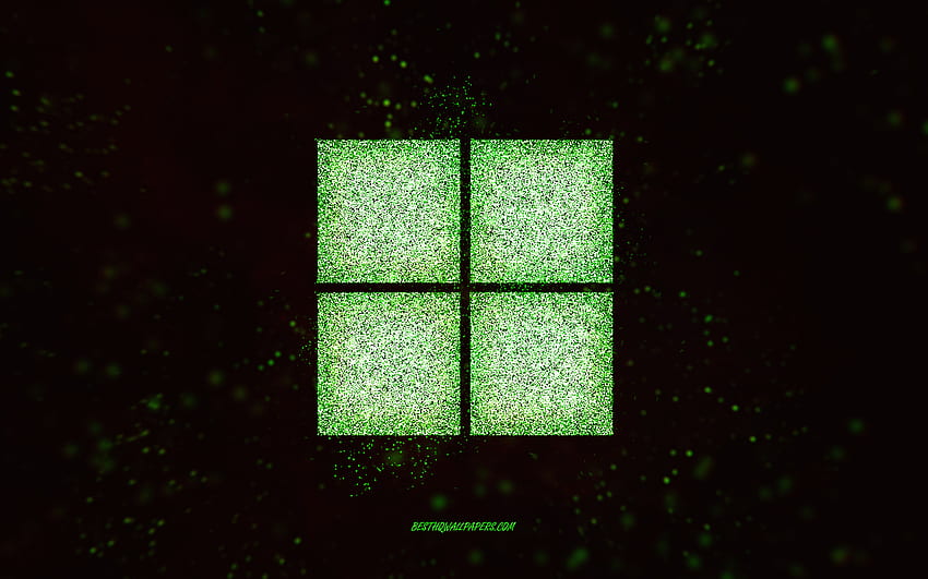 Windows 11 반짝이 로고, 검정색 배경, Windows 11 로고, 녹색 반짝이 아트, Windows 11, 크리에이티브 아트, Windows 11 녹색 반짝이 로고, Windows 로고, Windows HD 월페이퍼