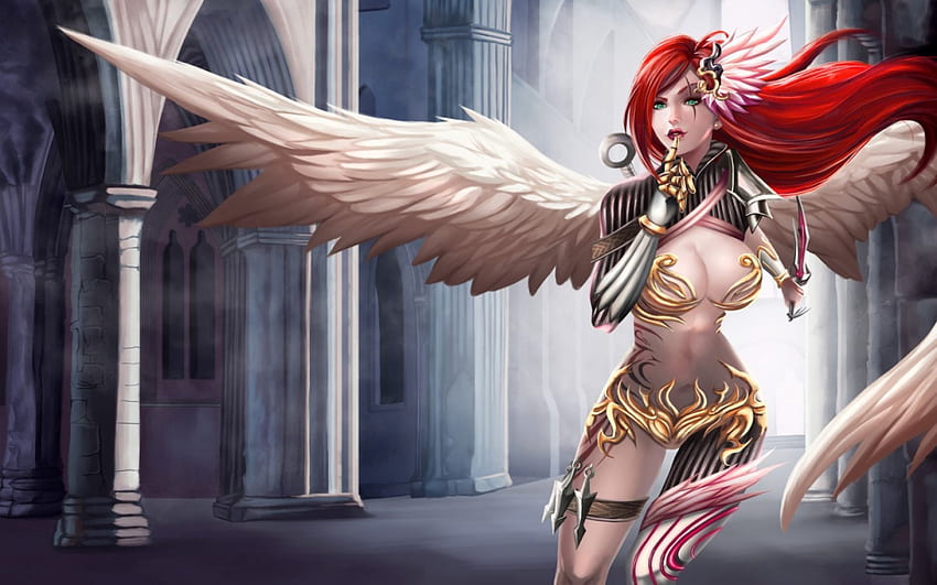 Angel, wings, girl, woman, pink, feather, fantasy, game, redhead HD wallpaper