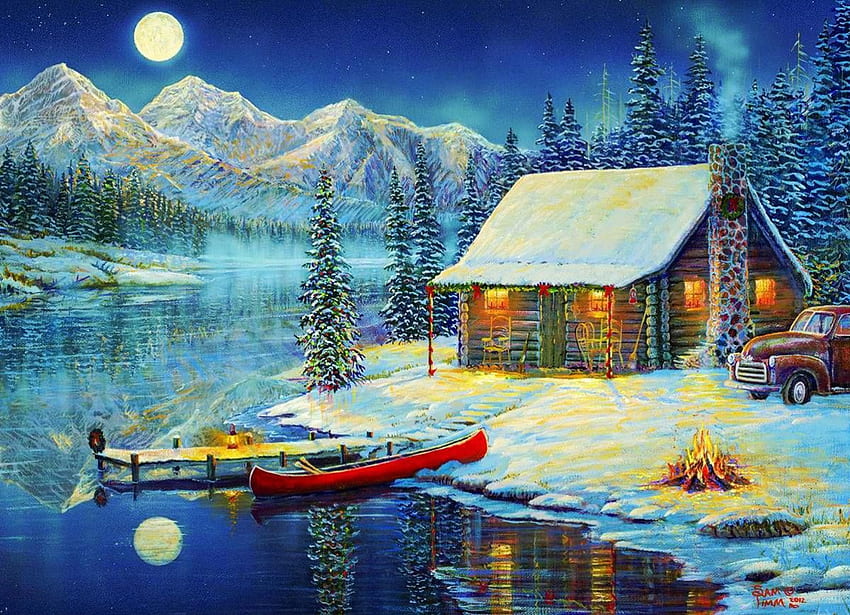 Riverside Cottage, łódź, zima, molo, kominek, dzieło sztuki, odbicie, księżyc, śnieg, góry, woda, wieczór Tapeta HD