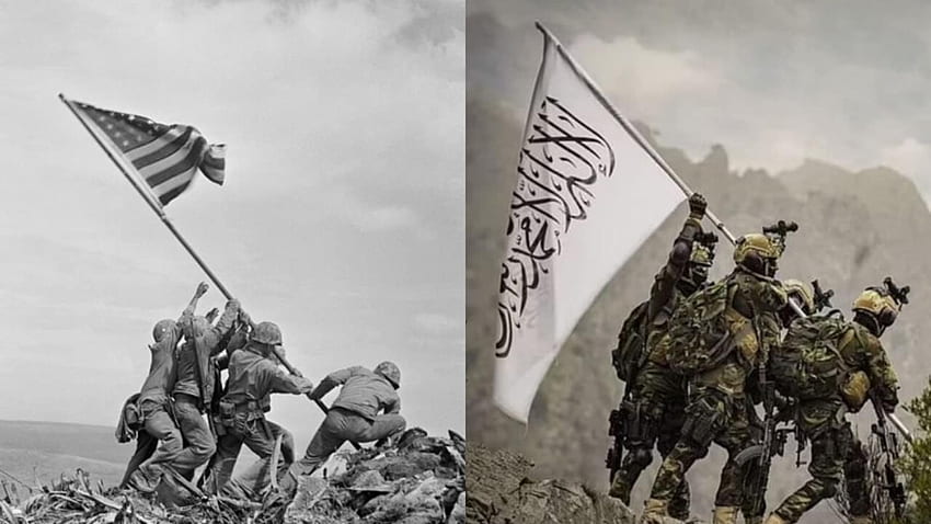 Die Taliban „verspotten“ die USA, indem sie die berühmten Truppen aus dem Zweiten Weltkrieg kopieren, die in Iwo Jima, der Schlacht von Iwo Jima, die Flagge hissen HD-Hintergrundbild
