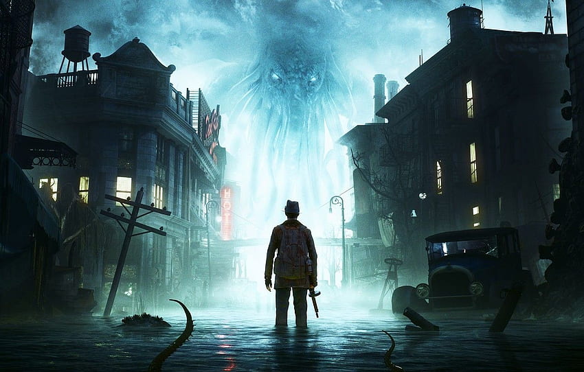 ville, horreur, pistolet, jeu, Cthulhu, homme, tentacules, Lovecraft Fond d'écran HD