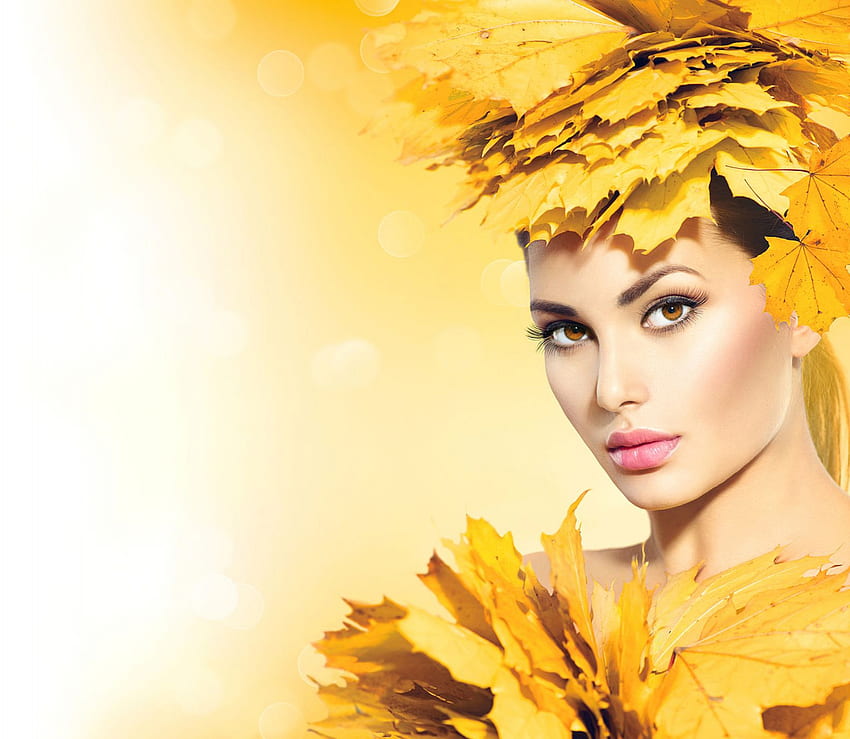 Beauty, model, girl, anna subbotina, woman, yellow, face, autumn, leaf HD wallpaper
