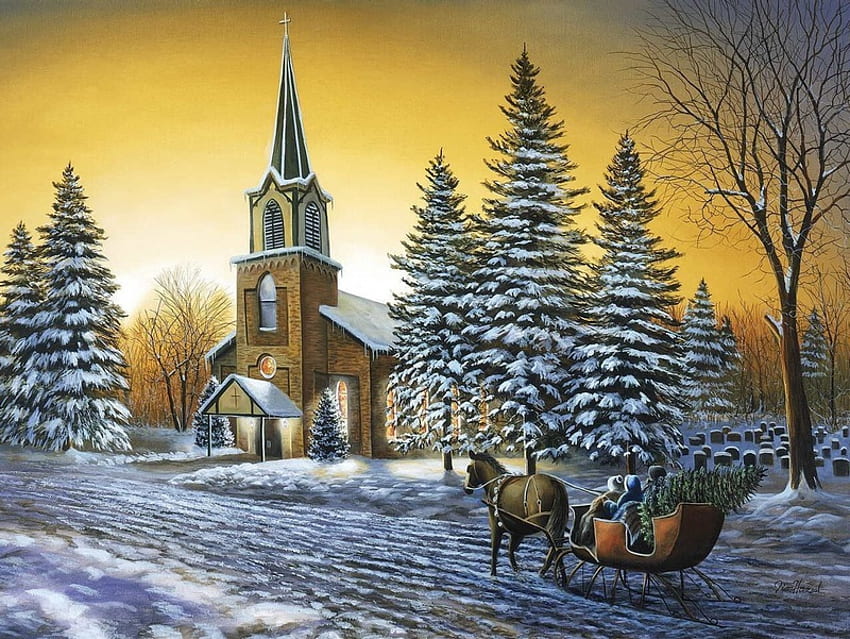 มุ่งหน้ากลับบ้าน ฤดูหนาว ม้า โกลเด้นสกี้ คริสต์มาส ต้นไม้ ถนน โบสถ์ เลื่อน วอลล์เปเปอร์ HD