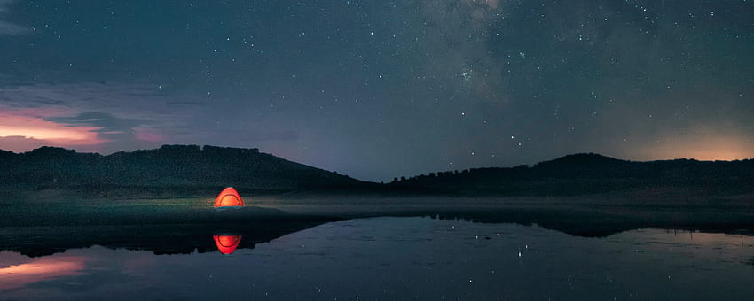 нощ, езеро, звезди, палатка, къмпинг ултраширок монитор фон HD тапет