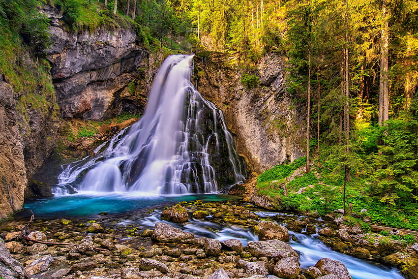 Golling waterfall, Austria, creek, brook, fall, beautiful, rocks, stones, Austria, trees, waterfall, forest, stream HD wallpaper