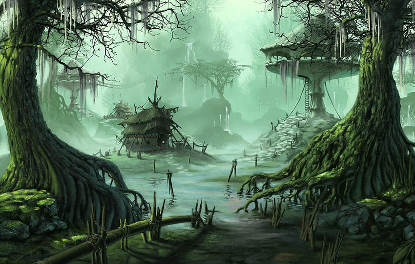 water, trees, swamp, home, art, buildings for , section живопись, Wetland HD wallpaper