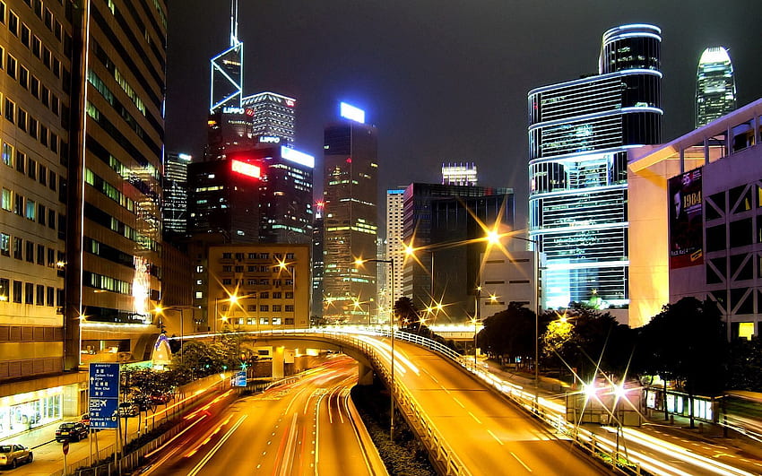 Miasta, Noc, Budynek, Połysk, Światło, Droga, Hong Kong, Hong Kong S.a.r Tapeta HD