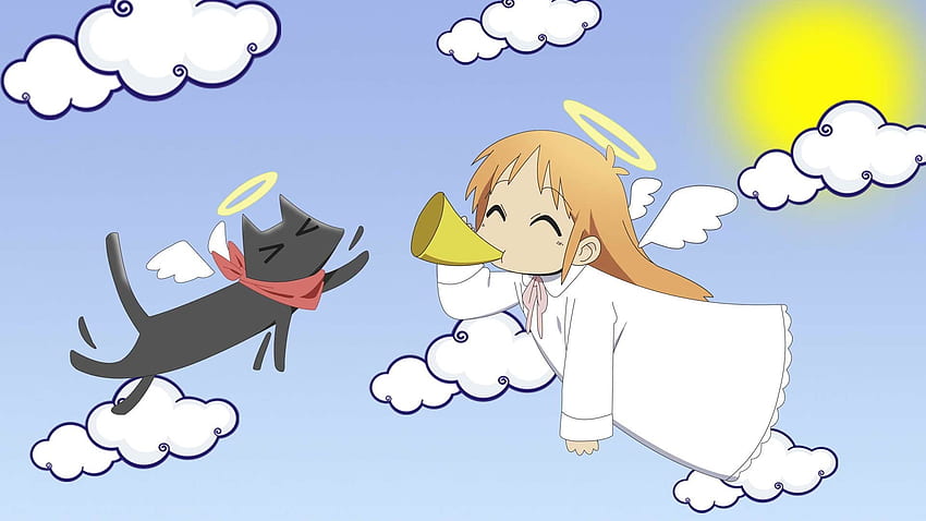 chmury skrzydła anime nichijou shinonome hakase sakamoto anime girls koty rysowane wallpape wysoka jakość, wysoka rozdzielczość Tapeta HD