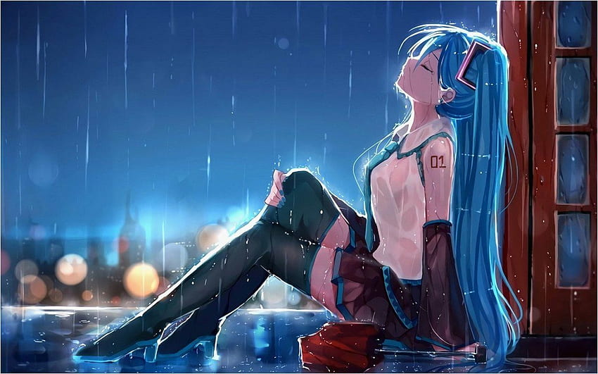 巡音ルカ 雨の中の新しい初音ミクの悲しみのアニメの女の子 高画質の壁紙