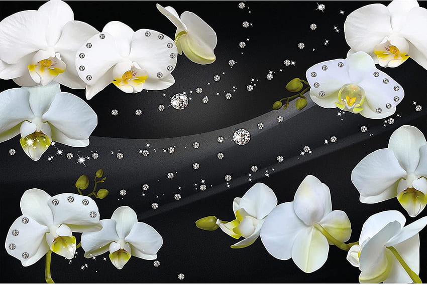 – Orchidee mit Diamanten – Dekoration, eleganter schwarzer Glamour, grafische Blumenblätter, funkelnde Steine, florales Dekor, Wand (82,1 Zoll – cm), schwarze und weiße Orchidee HD-Hintergrundbild