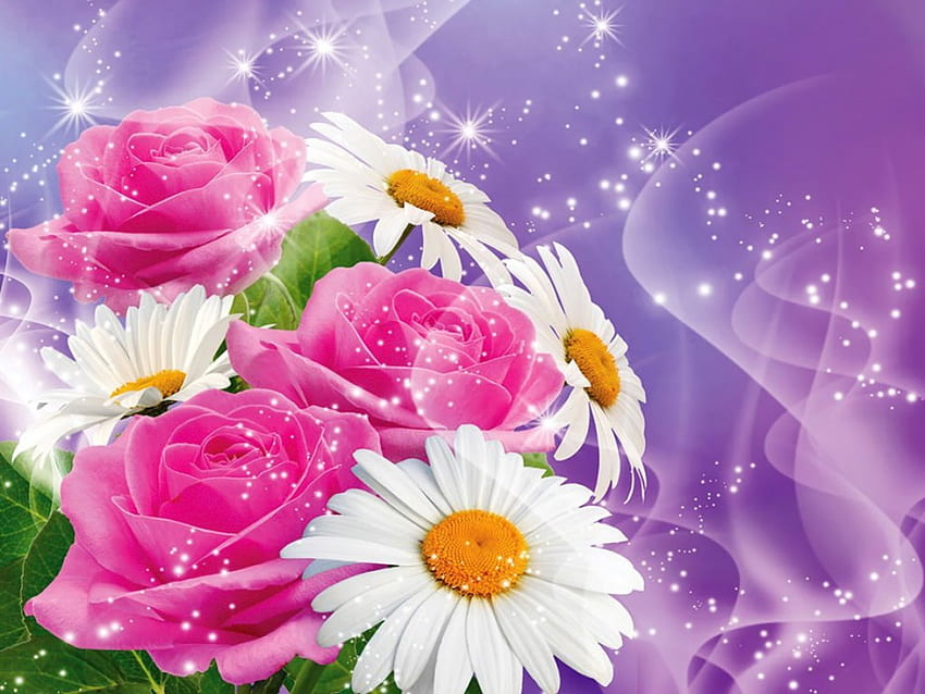 Roses and daisies background, bouquet, roses, beautiful, fresh, daisies, fragrance, background, pink, pretty, hop, flowers, scent, lovely HD wallpaper