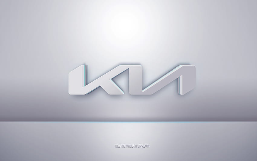 Logo putih Kia 3d, latar belakang abu-abu, logo Kia, seni 3d kreatif, Kia, lambang 3d Wallpaper HD
