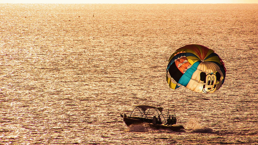 Naturaleza, puesta de sol, mar, barco, parapente, paracaídas fondo de pantalla