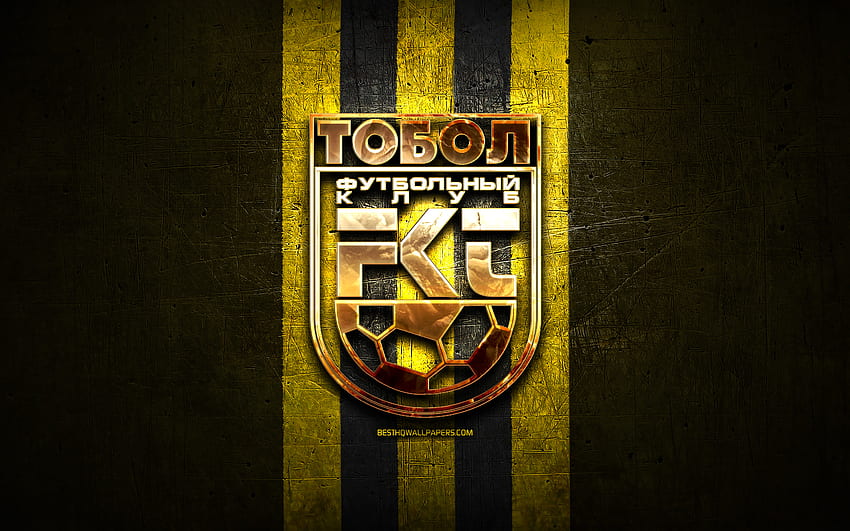 Tobol FC, golden logo, Kazakhstan Premier League, yellow metal background, football, Kazakh football club, FC Tobol logo, soccer, FC Tobol HD wallpaper