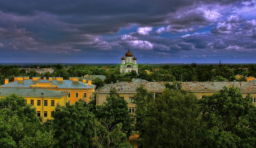 Pushkin, St.Petersburg, St.-Catherine Cathedral, Russia, russia, landscape, clouds, houses, forest HD wallpaper