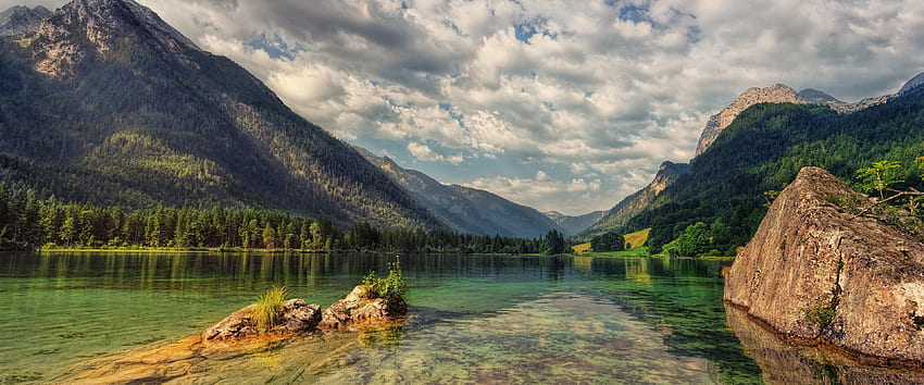 山、湖、雲、自然の風景、3840X1600 自然 高画質の壁紙