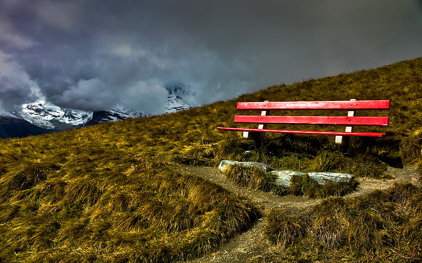 After a Long Walk, bench, path, beautiful, capped, overcast, snow, clouds, nature, mountains HD wallpaper