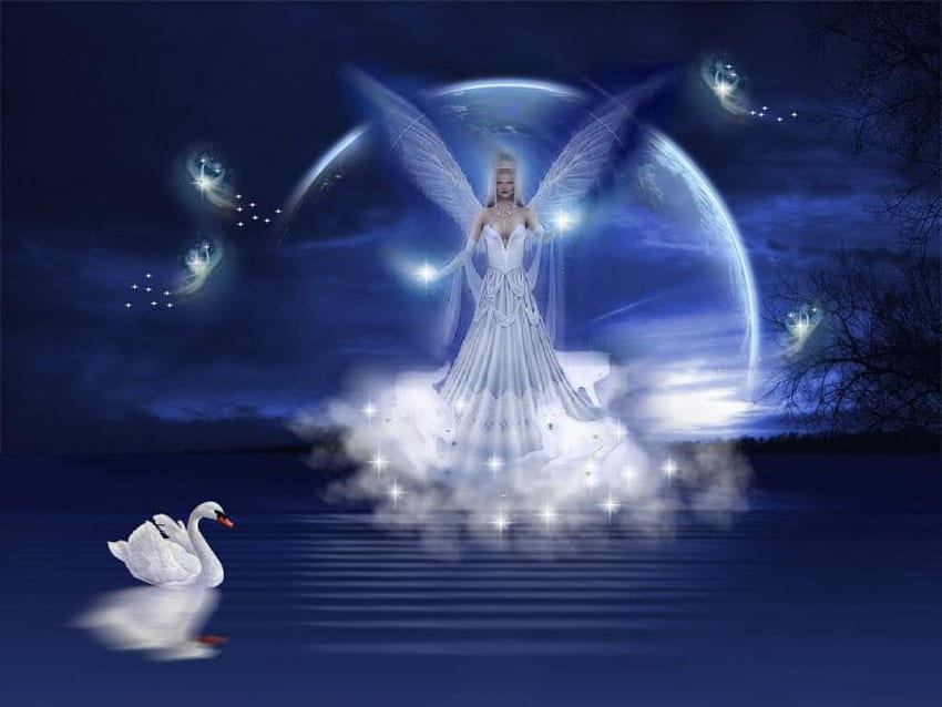 Beautiful fairy in white, mist, blue, fairy, wings, moon, swan, stars, lake HD wallpaper