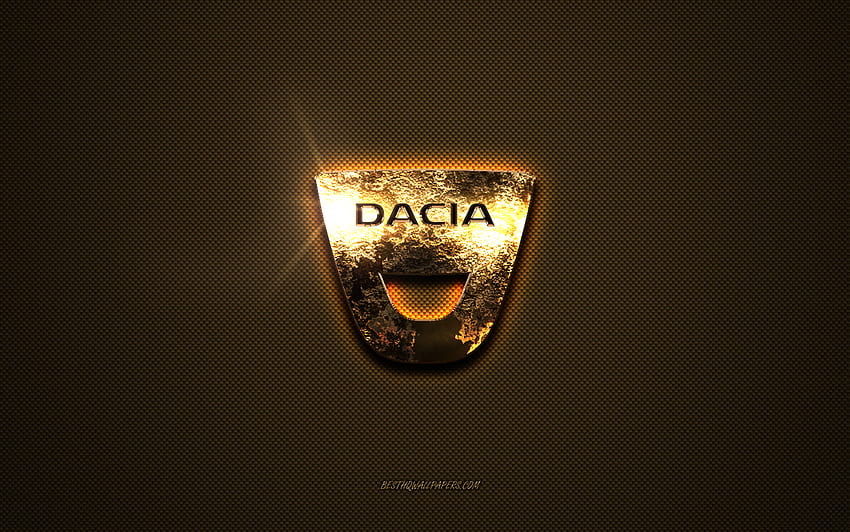 Златно лого на Dacia, произведение на изкуството, кафяв метален фон, емблема на Dacia, творчески, лого на Dacia, марки, Dacia HD тапет